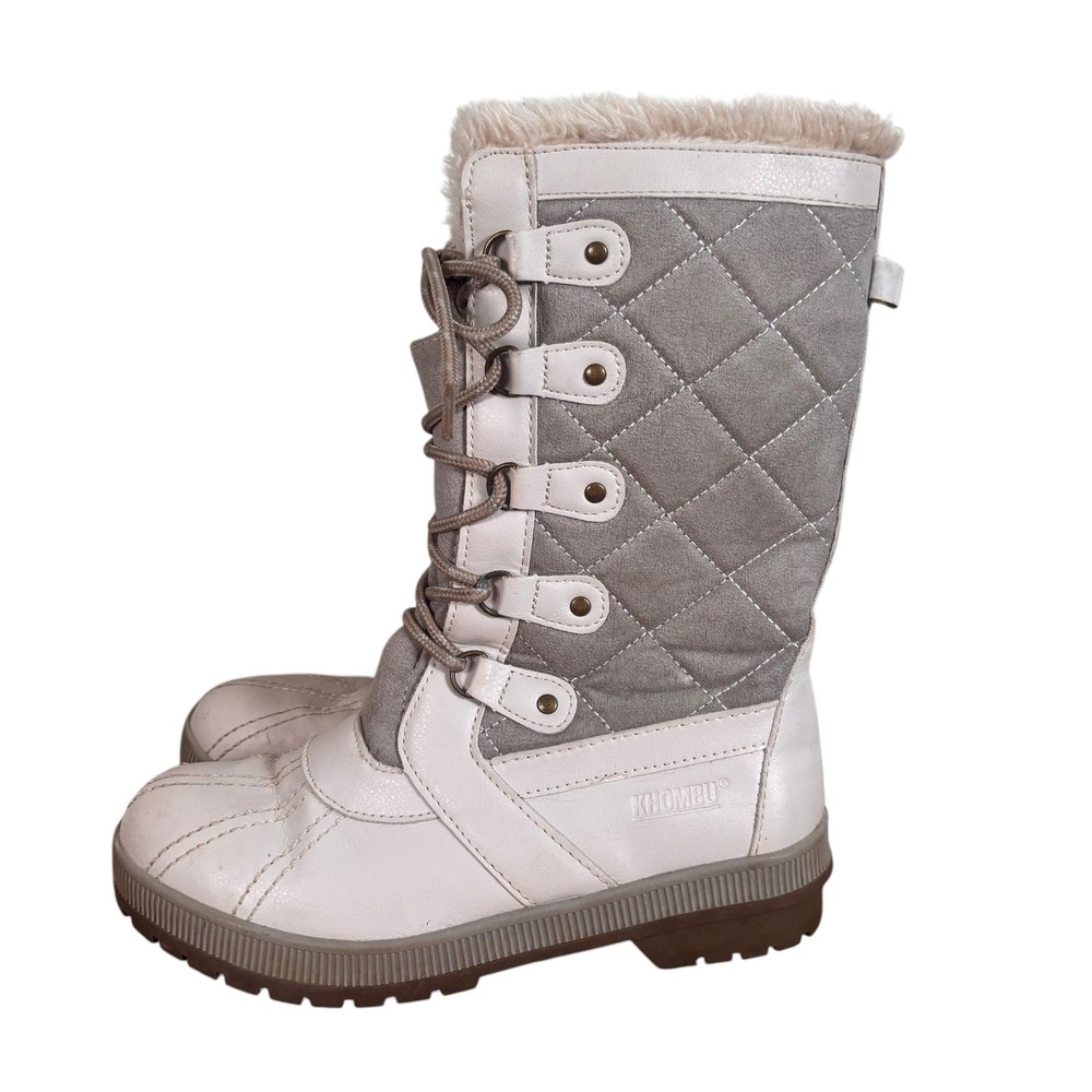 Khombu Gemma Womens White Grey Quilted Faux Fur Winter Snow Boots Size 8M